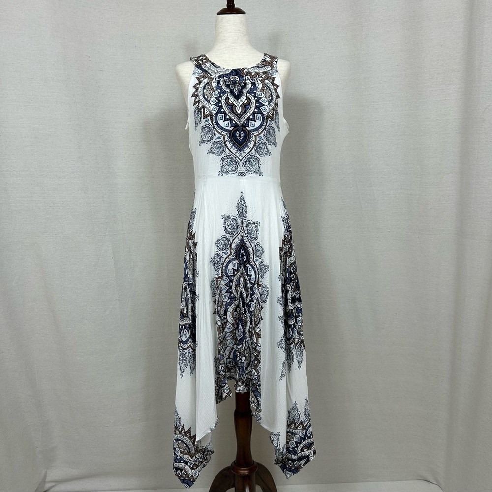 Chico's Boat Neck Asymmetrical Hem Paisley Print Dress